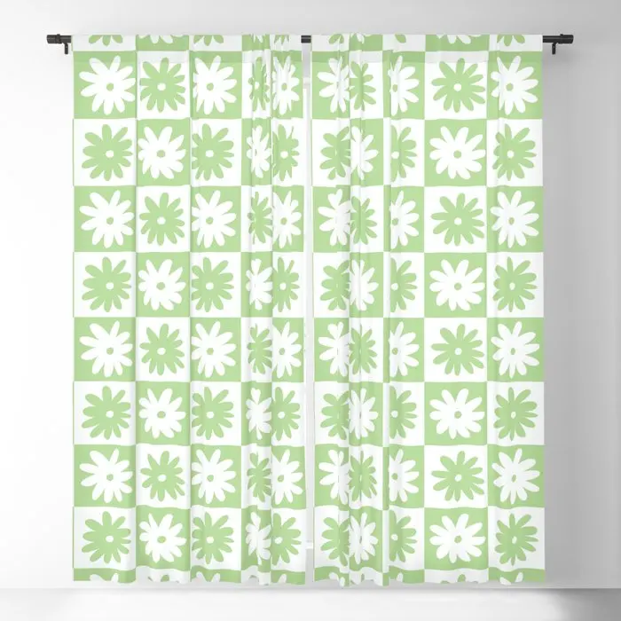 

Green and White Checkered Flower Blackout Curtains 3D Print Window Curtains for Bedroom Living Room Decor Window Treatments