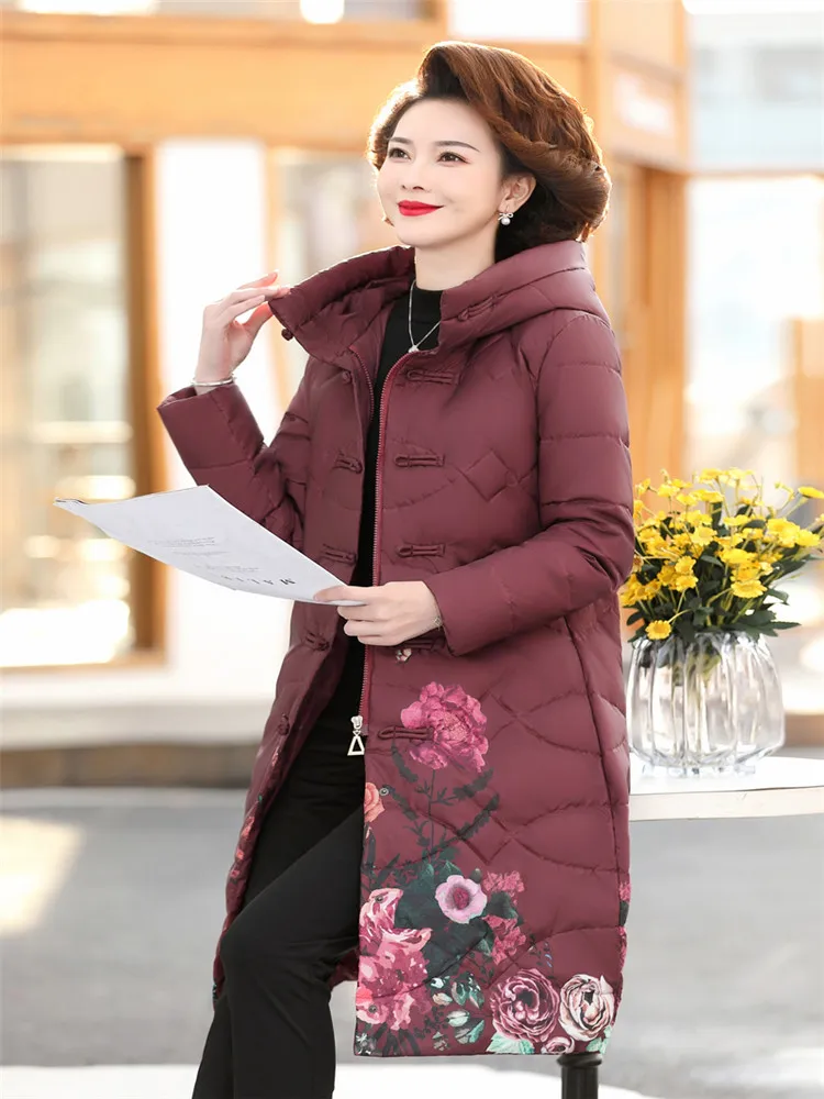 Women Winter Fashion Long Cotton Padded Coats Female Middle-aged Loose Warm Jackets  Ladies Printed Hooded Overcoats - AliExpress