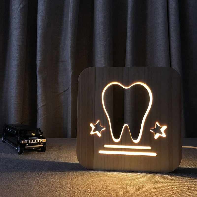 

3D Night Light Tooth with 2 Stars for Kids, Illusion Night Lamp Creative Wooden Warm Light USB Power Lamp Nursery Decorative