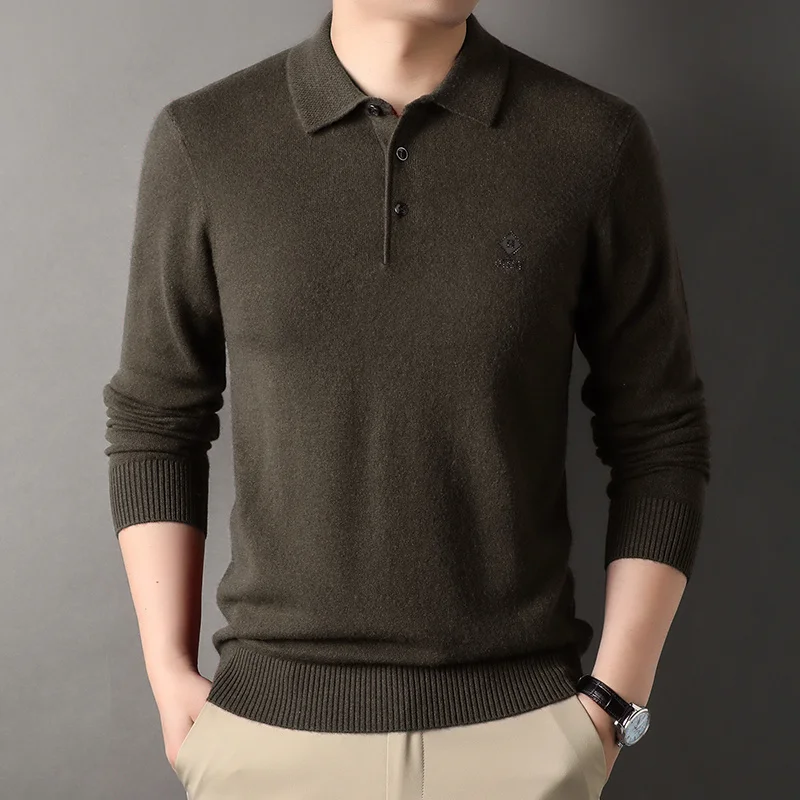 

Computer Knitted 100% Wool Polo Men's Sweaters Spring Autumn Long Sleeve Solid Color Turn Down Collar Man 3XL