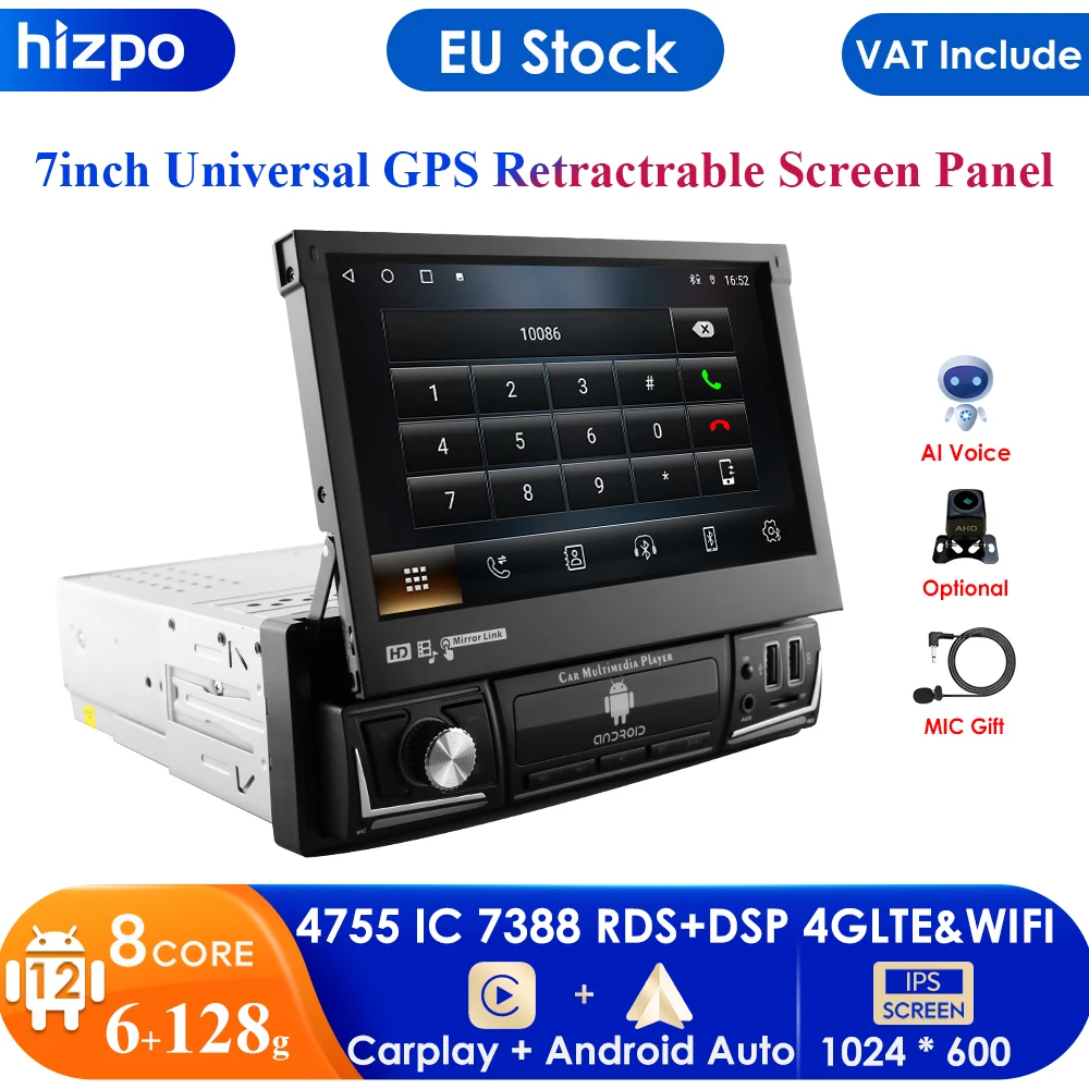 2+32 1Din Car Radio GPS Navigation 7" HD Retractable Screen Android 10