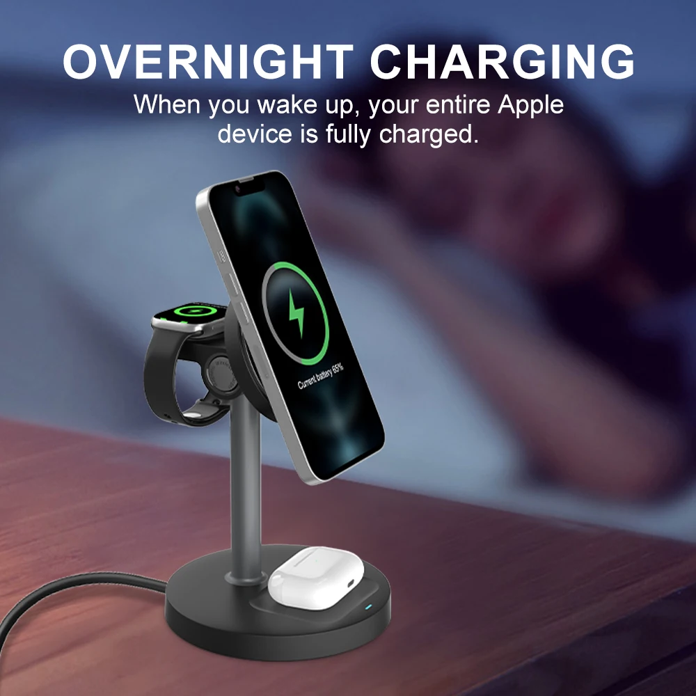 Suporte de carregador sem fio rápido 15W Carregador sem fio magnético 3 em 1 para iPhone 12-16 séries iWatch e AirPods ângulo ajustável foto 3