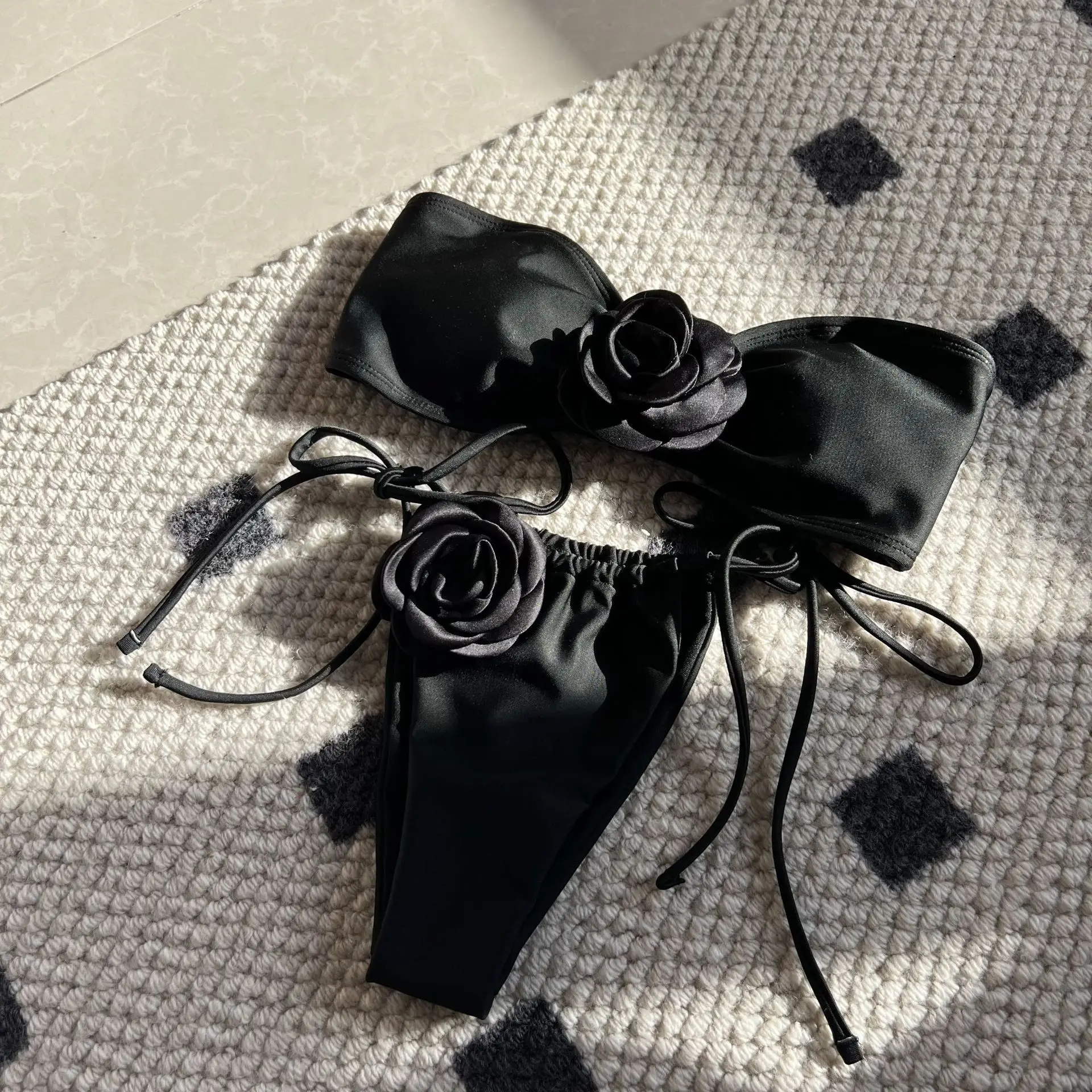 New Solid Color Rose Women's Bikini Drawstring Strap Split Swimsuit