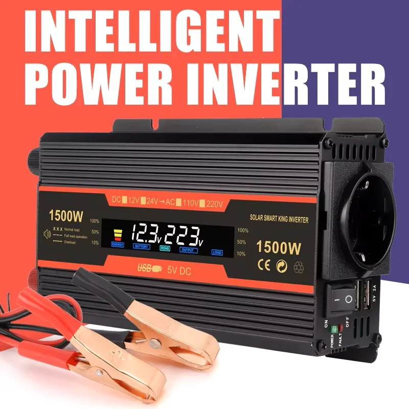 EU 소켓 전원 인버터 12V 220V 1500W 휴대용 태양광 인버터 전압 변환기 DC-AC 전압 조정기 충전기