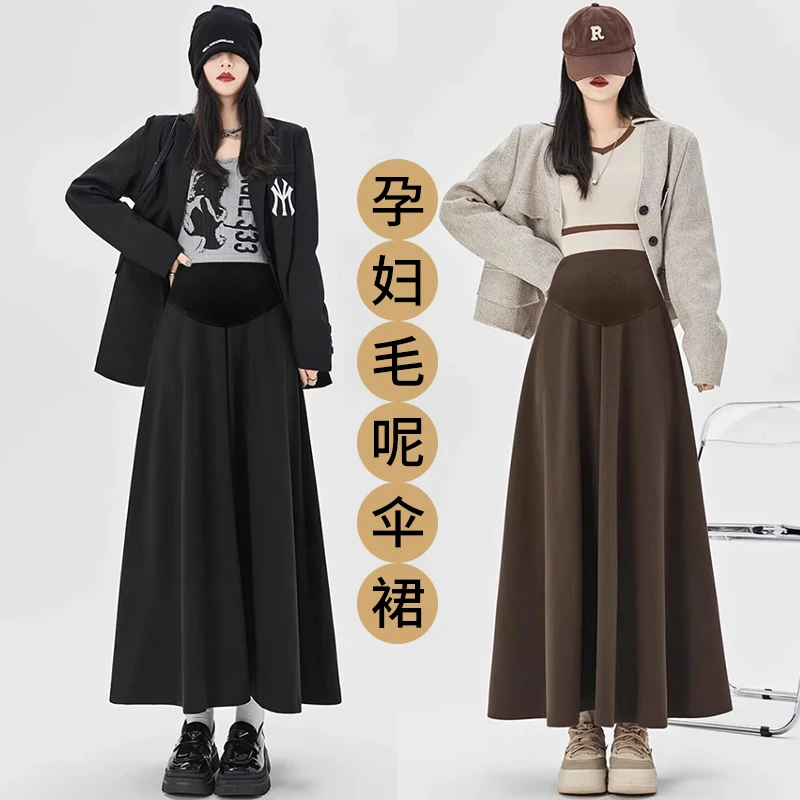 Dense Woolen Maternity Long Skirts Autumn Winter Fashion A Line Belly Big Bottoms Clothes for Pregnant Women Casual Pregnancy