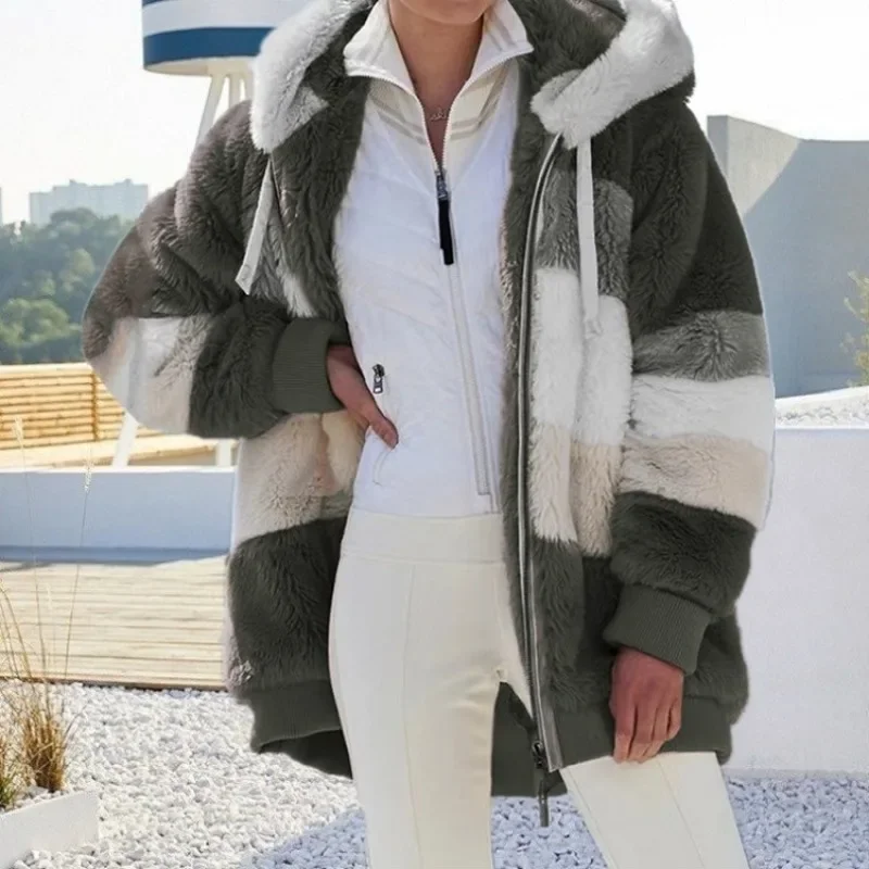

Fashion Warm Women Coat Thickened Plush Panel Zipper Pocket Hooded Loose Coat Women's Jacket Куртка Женская Зимняя Ropa De Mujer