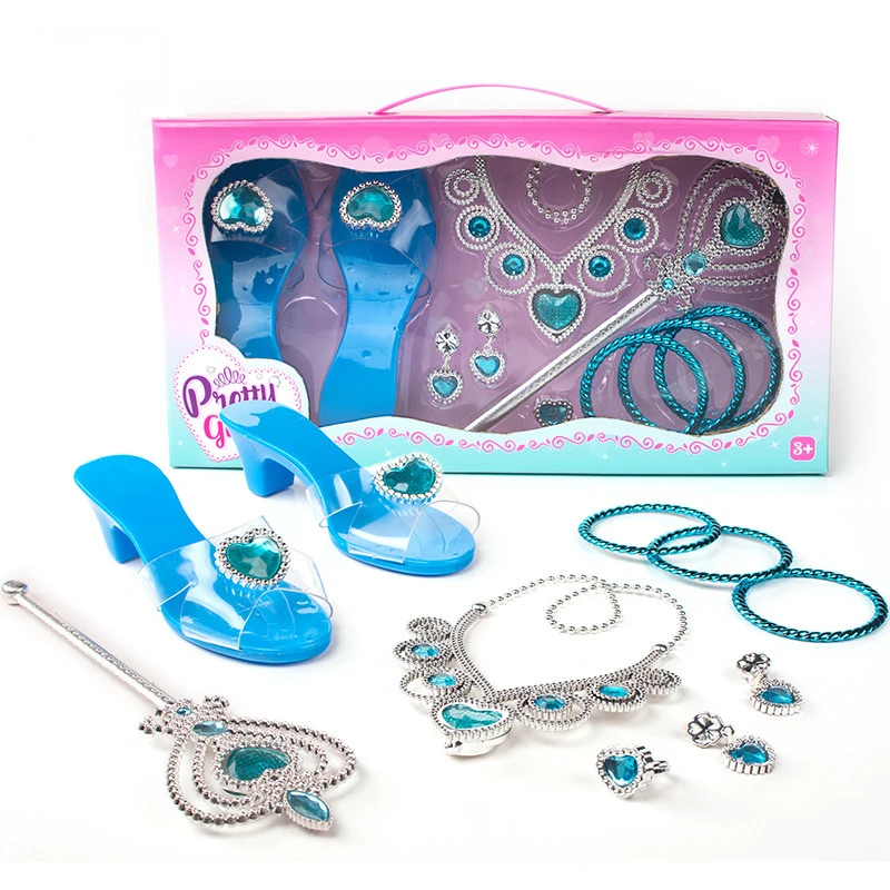 Girls Princess Dress Up Pretend play Jewelry Toys Set Of Princess Crystal Shoes Crown Bracelet Necklaces Role Play for Kids
