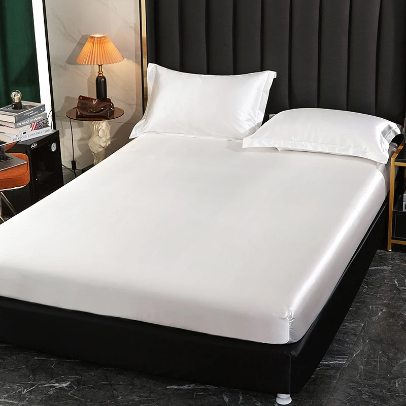 Luxury Satin Fitted Sheet High-End Monochrome Mattress Cover With Elastic Band Bedsheet Home Hotel Bedding Fit Sheet 2