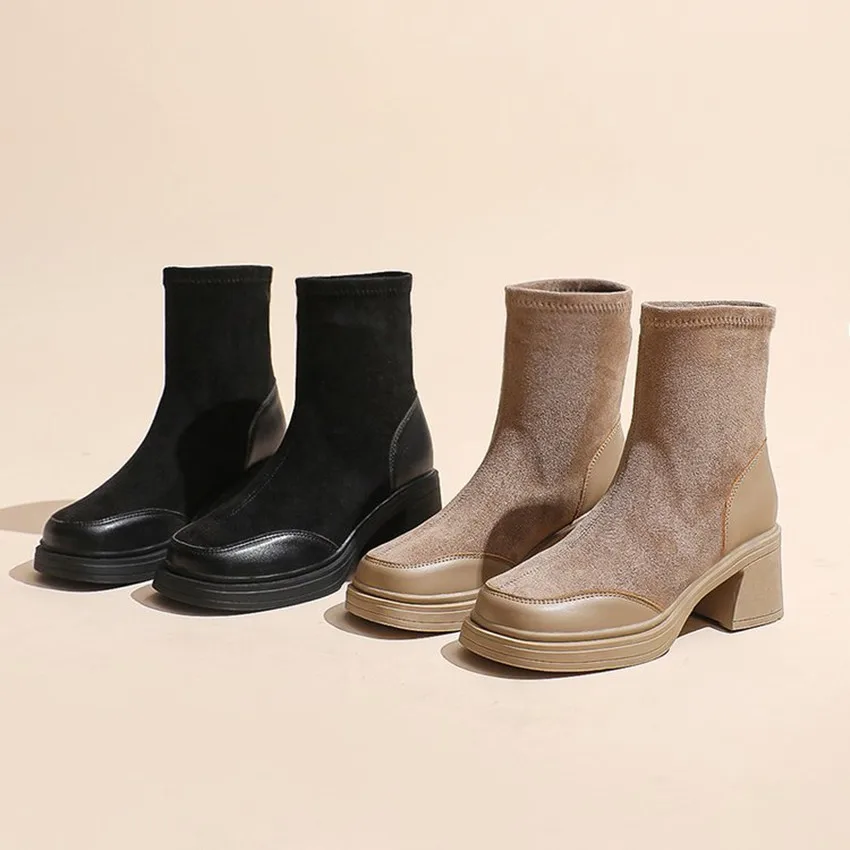 2023 Autumn Boots Women Shoes Woman Boots Fashion Round toe Ankle Boots  Winter Elastic Black Boots Comfortable Botas 34-39