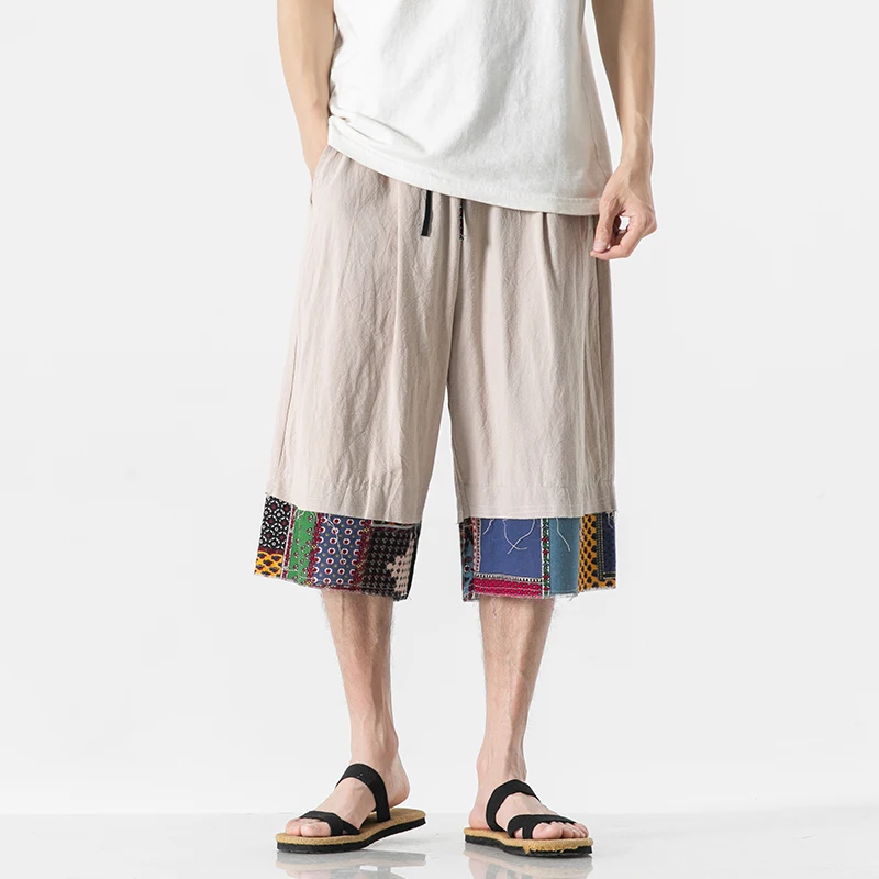 

Chinese Style Calf-length Cotton Linen Summer Casual Pants Men Streetwear Harajuku Patchwork Men's Shorts