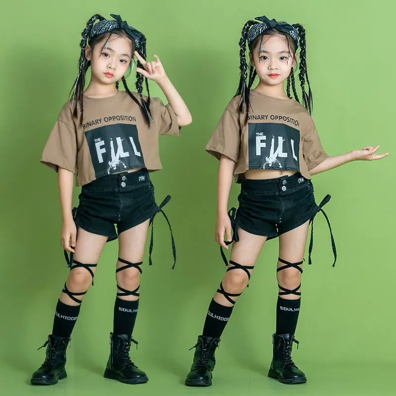 

4 -16Yrs Children Hip Hop Bandage Cotton Khaki T Shirt Top Summer Shorts Loose Pants Jazz Dance Costume Ballroom Dancing Clothes