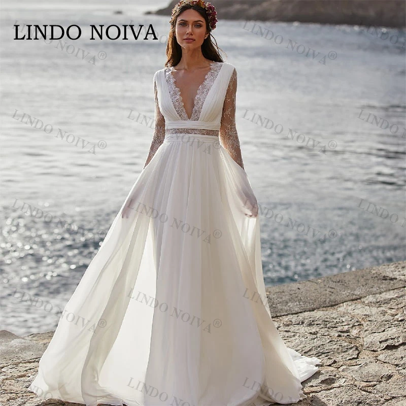 

LINDO NOIVA Solid Wedding Dresses for Women Lace Long Sleeve V-Neck Floor Length Chiffon A-Line Customize Elegant Dresses