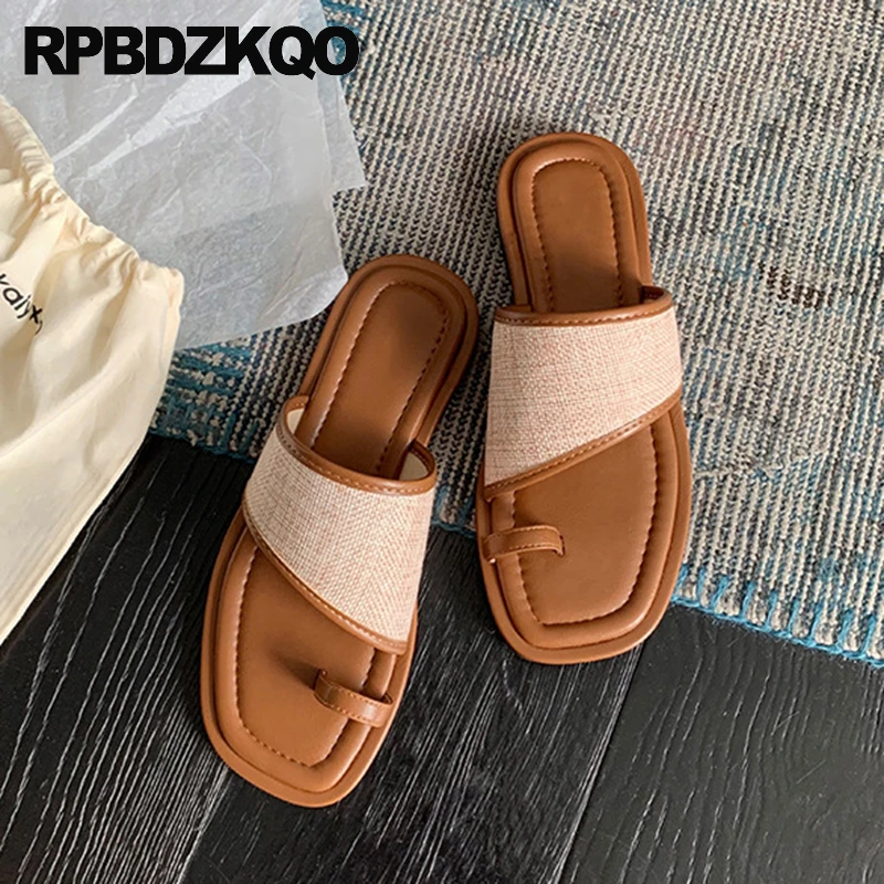 

Women Toe Ring Latest Comfort Bohemia Flats Footwear Slippers Slides Trending Shoes Sandals Stylish Brown 2023 Beach Loop Linen