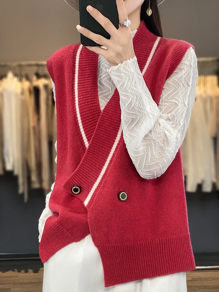 Women's Loose Knitted Vest Top Color Blo Design Spring Autumn Casual Sle Svel Outerwear V-Ne Button Detail