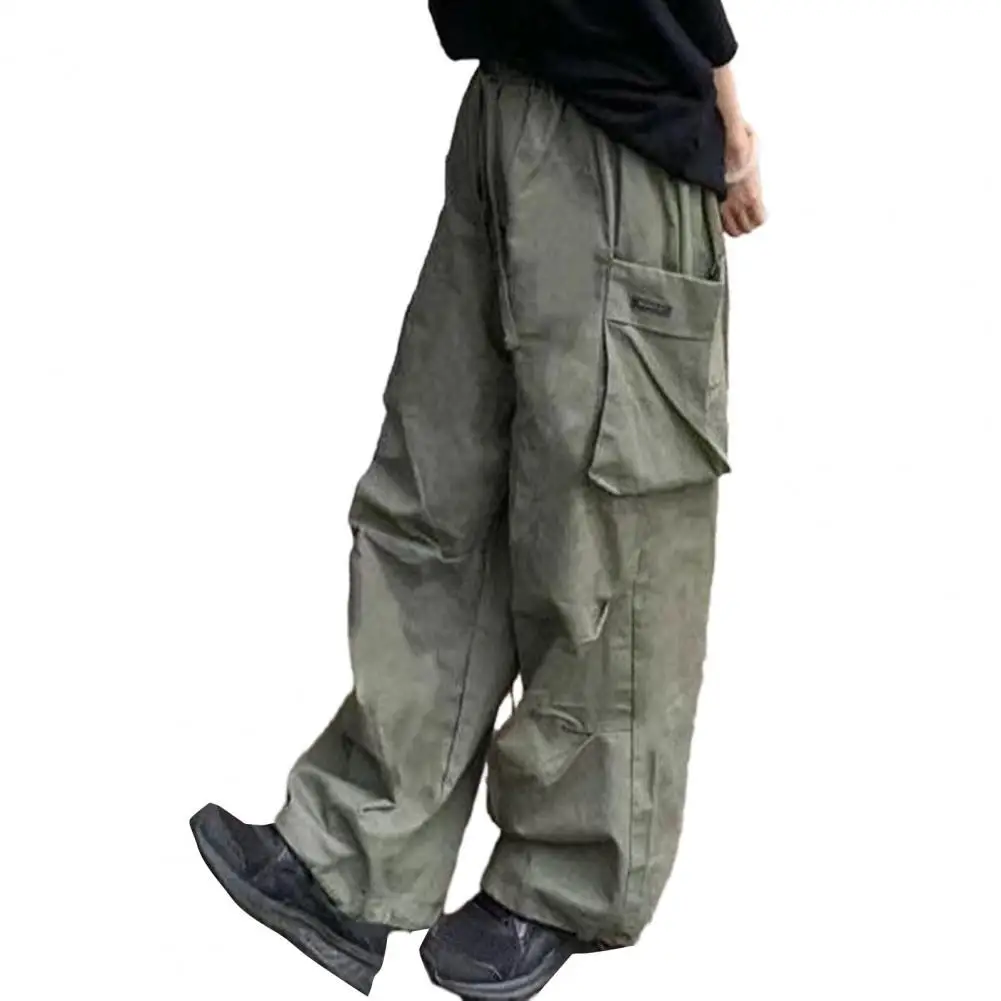 

Solid Color Casual Cargo Pants Women Elastic High Waist Drawstring Wide Leg Pockets Sport Pants Shrinkable Cuffs Jogger Trousers