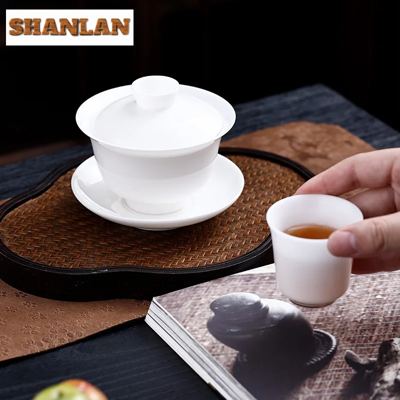 190ml Mutton Fat Jade Three Talents Gaiwan Zen Ceramic Anti-scald Cover Bowl Elegant Tea Tureen Tea Maker Chinese Teaware Craft