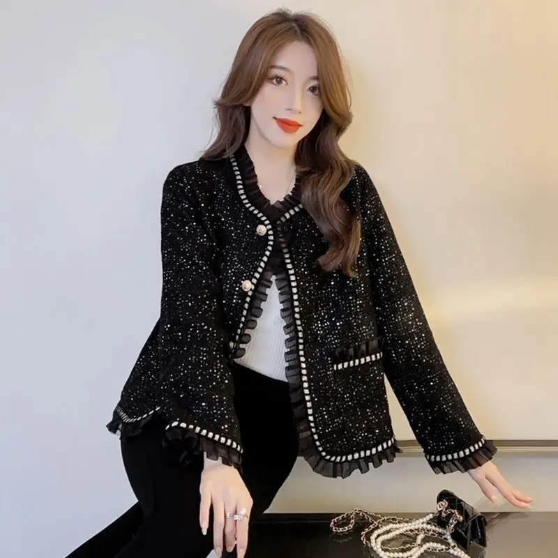 Korean Chic Tweed Jacket Women Coat Long Sleeve Vintage Mesh Patchwork Tweed Blouse Cropped Jacket Short Tops Clothes Women
