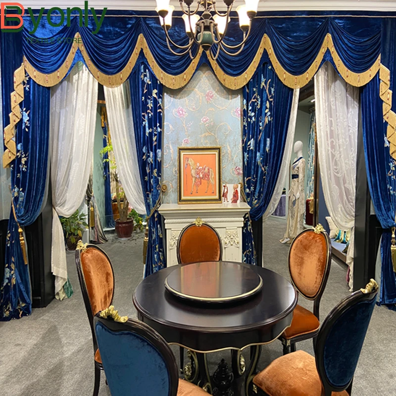 Nuovo Royal Blue Velvet Bird Ricamo Tende Ombreggianti Spesse Per Soggiorno Camera Da Letto Villa Floccaggio Ricamo Filato Mantovana