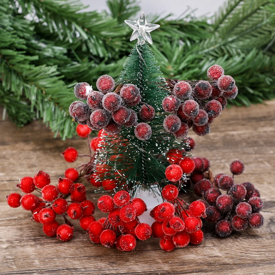 100pcs Artificial Red Berries - Frosted Holly Berries For Christmas Tree, Garland, Home Decor