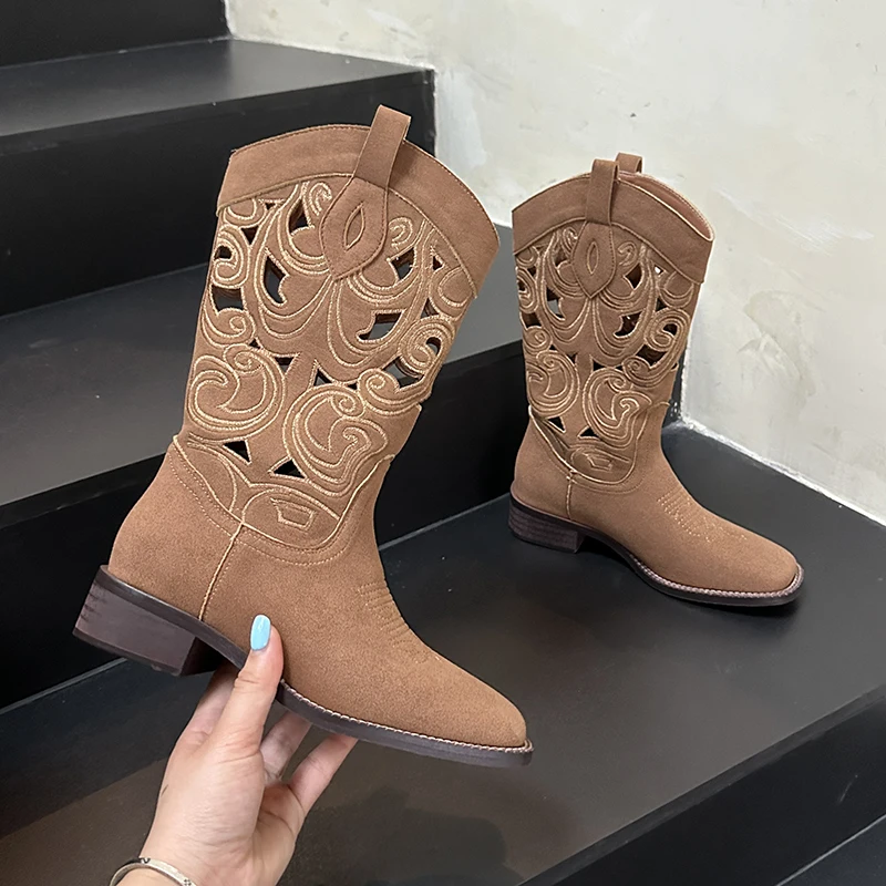 

Woman Boots Embroidered Western Mid Calf Boots Cowboy Square Heel Boots Pointed Toe Platform Boots Women Western Shoes For Women