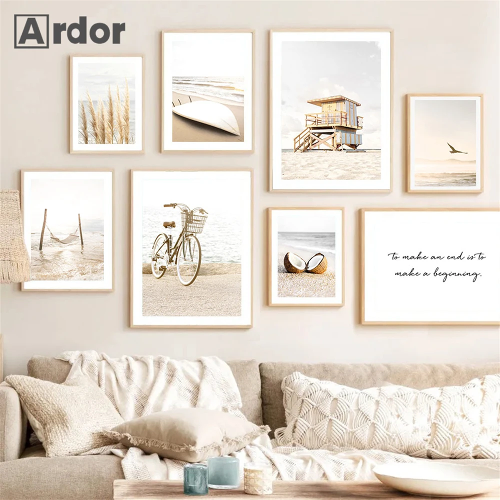 

Sea Beach Wall Poster Surfboard Bike Canvas Painting Coconut Art Prints Beige Reed Posters Nordic Wall Pictures Bedroom Decor