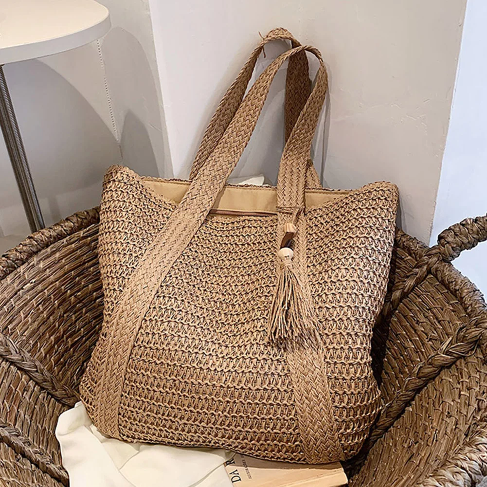 Straw Woven Bag Fashion Handmade Simple Large Capacity Hand-Woven Handbags Summer with Tassel Pendant Casual Tote Purses