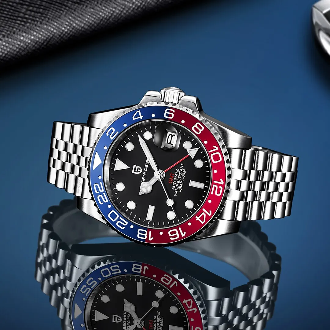PAGANI DESIGN Luxury GMT Men Mechanical Wristwatch Sapphire Glass Stainless Steel 100M Waterproof Automatic Watches