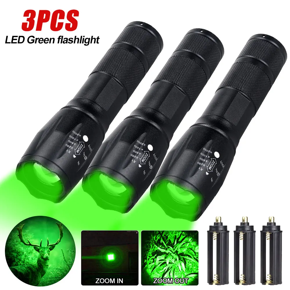 

3PCS/LOT 1000 Lumens Green Flashlight Waterproof Zoomable Hunting Torch 5 Light Modes USB Rechargeable Lantern Camping Hand Lamp