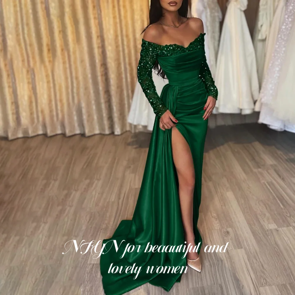 فستان NFYN لامع بأكمام طويلة للحفلات الذهبية بفتحة...