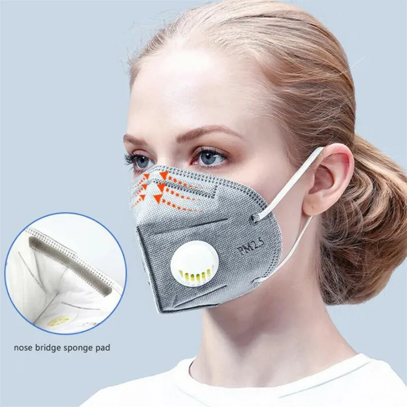 Masque de protection respiratoire avec valve, vue de profil montrant les sangles et le filtre.