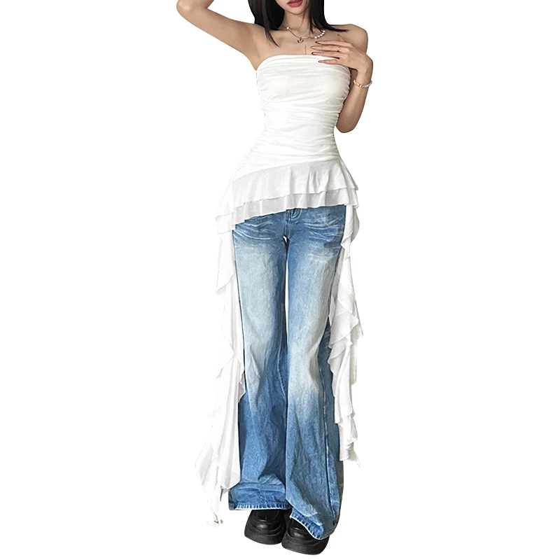 y2k Strapless Top Women Summer Solid Color Off Shoulder Sleeveless Asymmetrical Ruffle Hem Bandeau Vest Streetwear