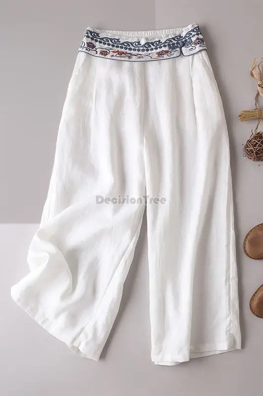 chinese style women pants embroidered zen tea dress casual trousers cotton linen high waist national style wide leg pants