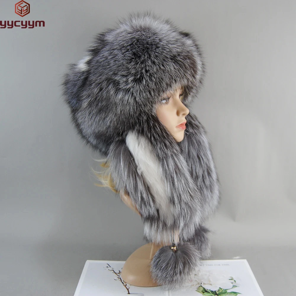 2023 New Women Real Fur Bomber Hats Lady Winter Warm Luxury 100% Natural Fox Fur Hat Fashion Fluffy Fox Fur Rex Rabbit Fur Caps 1