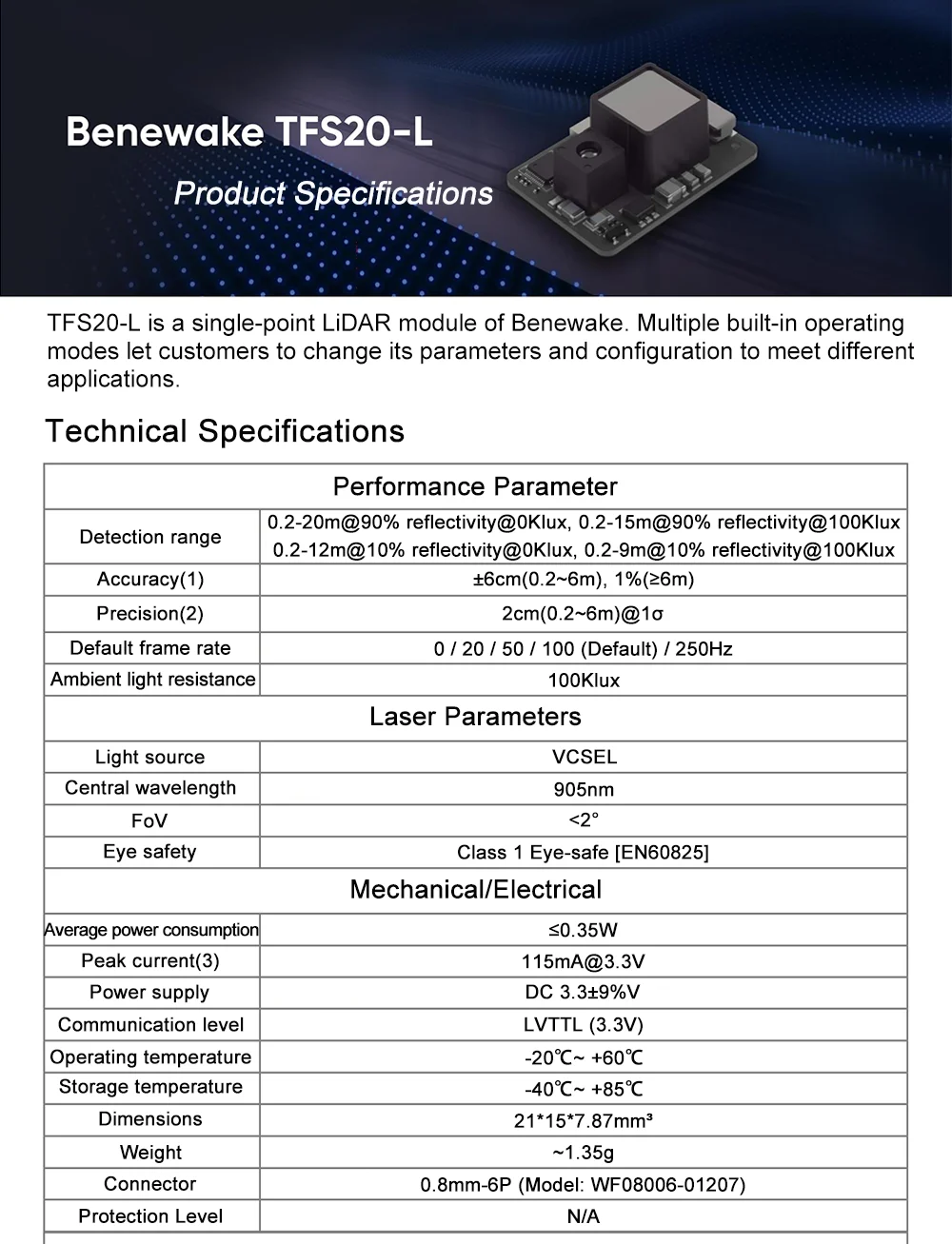 Benewake TFS20-L Miniaturized Single-Point LiDAR Module 20M Detection Range UART