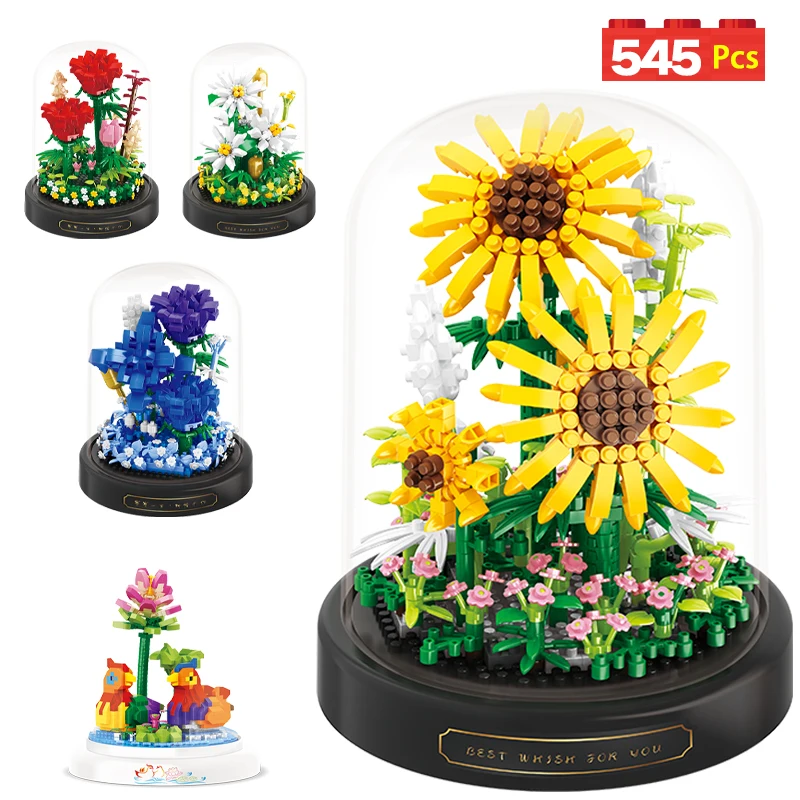 545pcs City Flower Rose Little Daisy Potted Bouquet Building Blocks Home Decoration DIY Model Bricks Toys for Children Gift