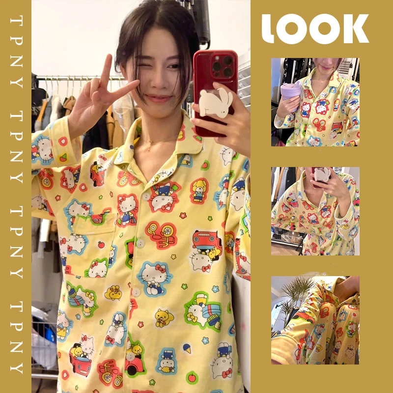 

2Pcs Hello Kitty Pajamas Anime Girl Cartoon Pochacco Kuromi Long Sleeve Homewear Set Kawaii Y2K Japanese Nightgown Children Gift