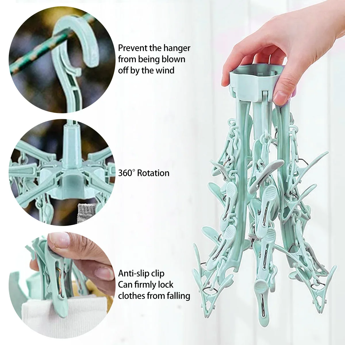 24 Clips Folding Clothes Dryer Rotatable Hanger Windproof Socks Underwear Drying Rack Home Storage Laundry Rack