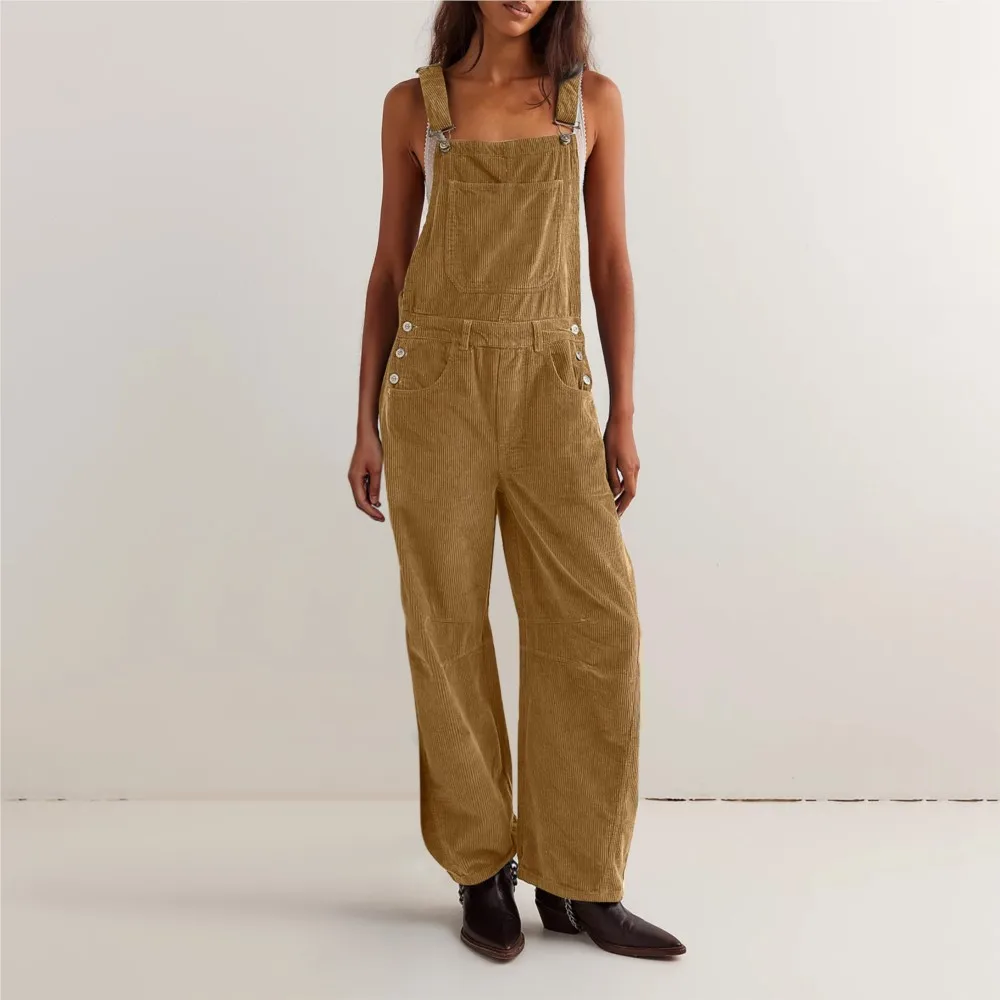 Macacão Feminino de Veludo Cotelê Outono e Inverno Novo 2025 Moda Retrô com Suspensórios, Casual, Solto, com Bolso, Roupas de Trabalho