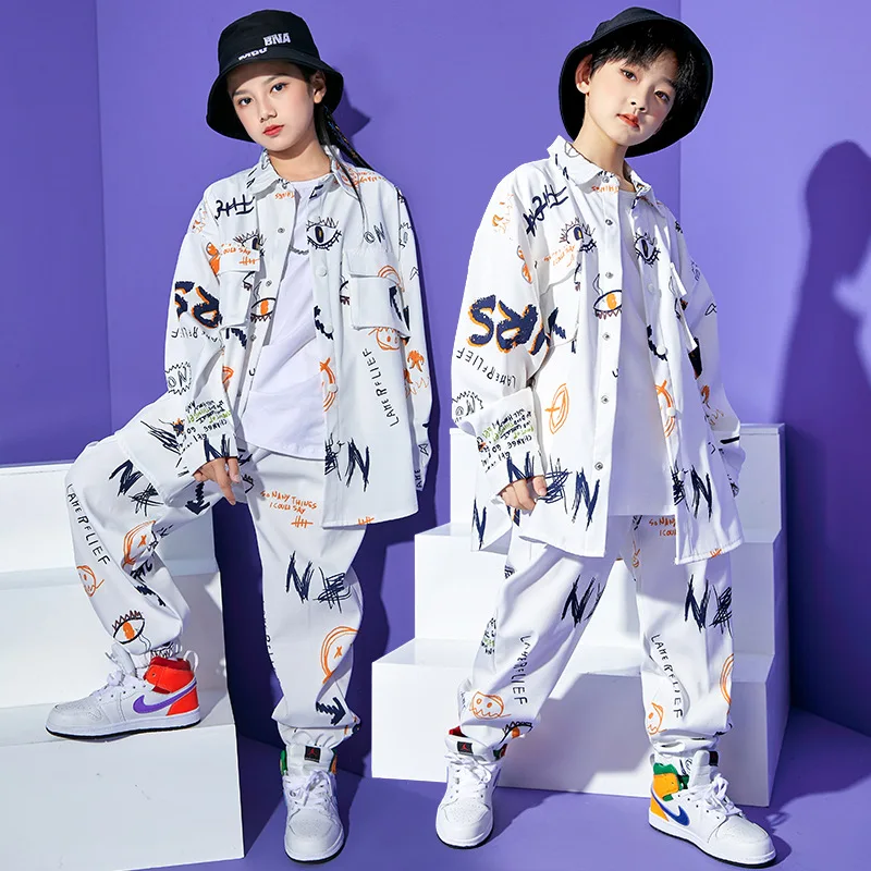 Fashion Graffiti White Hip Hop Costumes 4 Girls Boys Ballroom Stage Outfit Perform Kids Dance Competition Jazz Dancing T Shirts