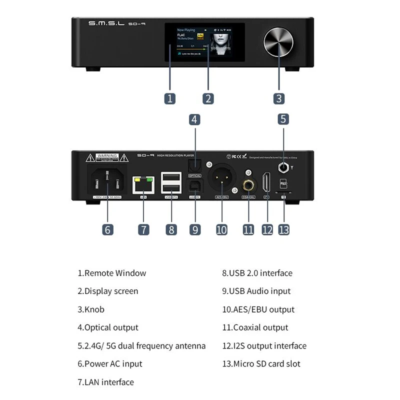 SMSL SD9 SD-9 MQA HIFI  Digital Music Player Bluetooth Wifi Network Desktop Player Support DLNA NAS IIS DSD WAV APE FLAC AIFF images - 6