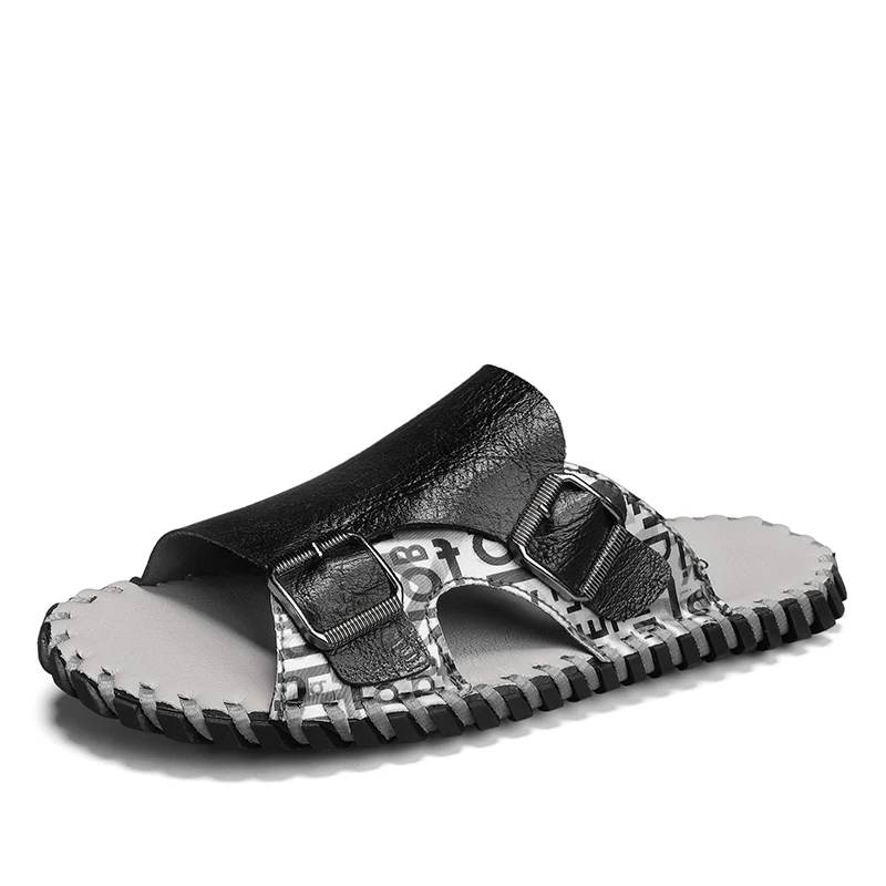 

2023 Casual Leather Slippers Men Buckle Sewing Comfortable Slip On Sandals Outdoor Garden Beach Shoes Male Flat All-Match Shoes