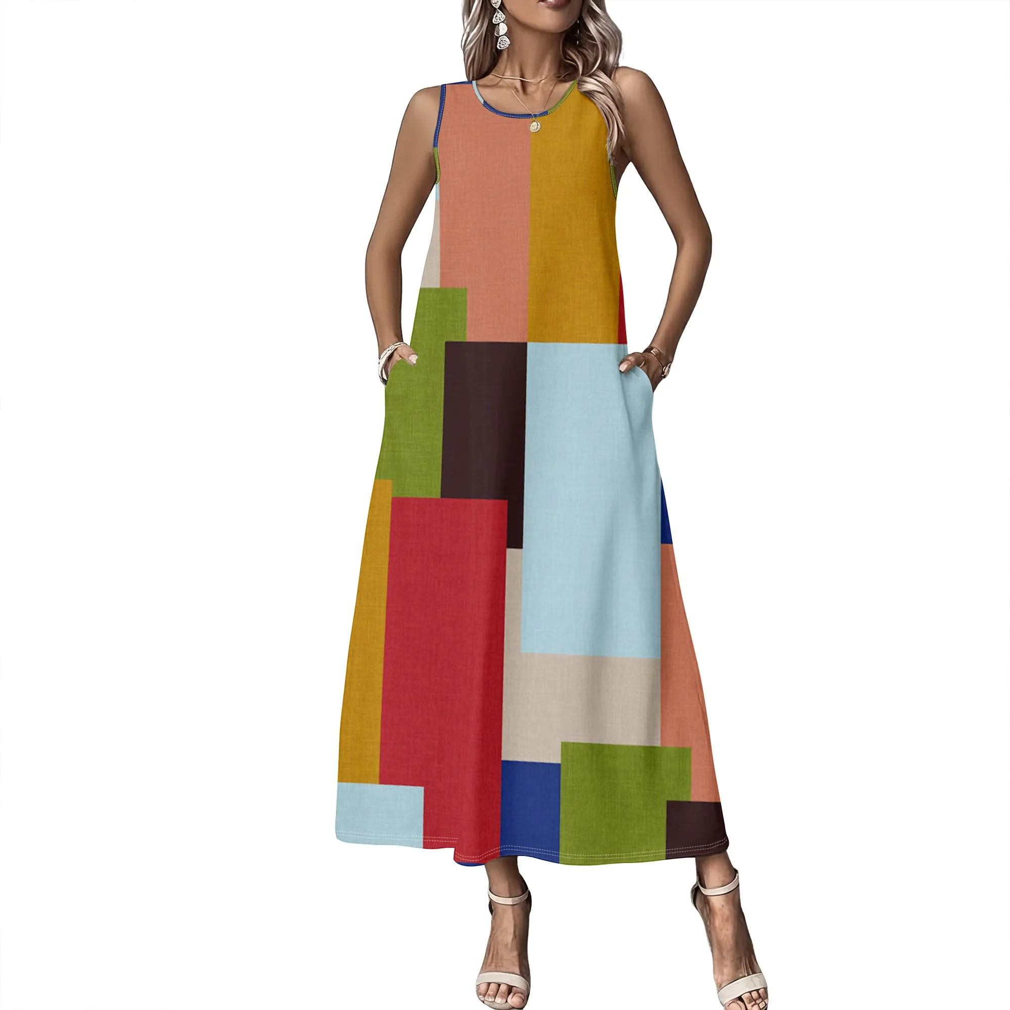 Ärmelloses Sommerkleid für Damen mit Rundhalsausschnitt, 3D-Modisch Bedrucktes Langes Swing-Kleid – Detail 1