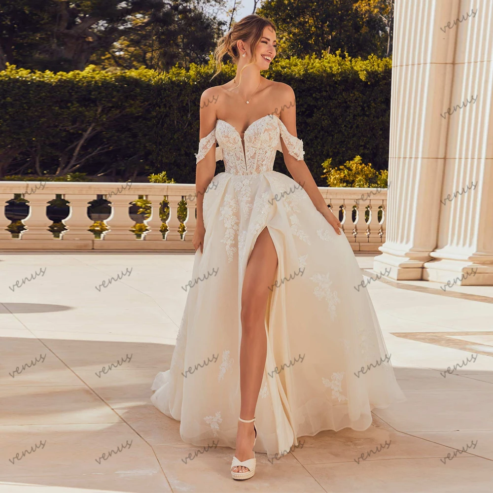 

Gorgeous Wedding Dresses A-Line Bridal Gowns Lace Appliques Sleeveless Backless High Slit Sexy Robes For Bride Vestidos De Novia