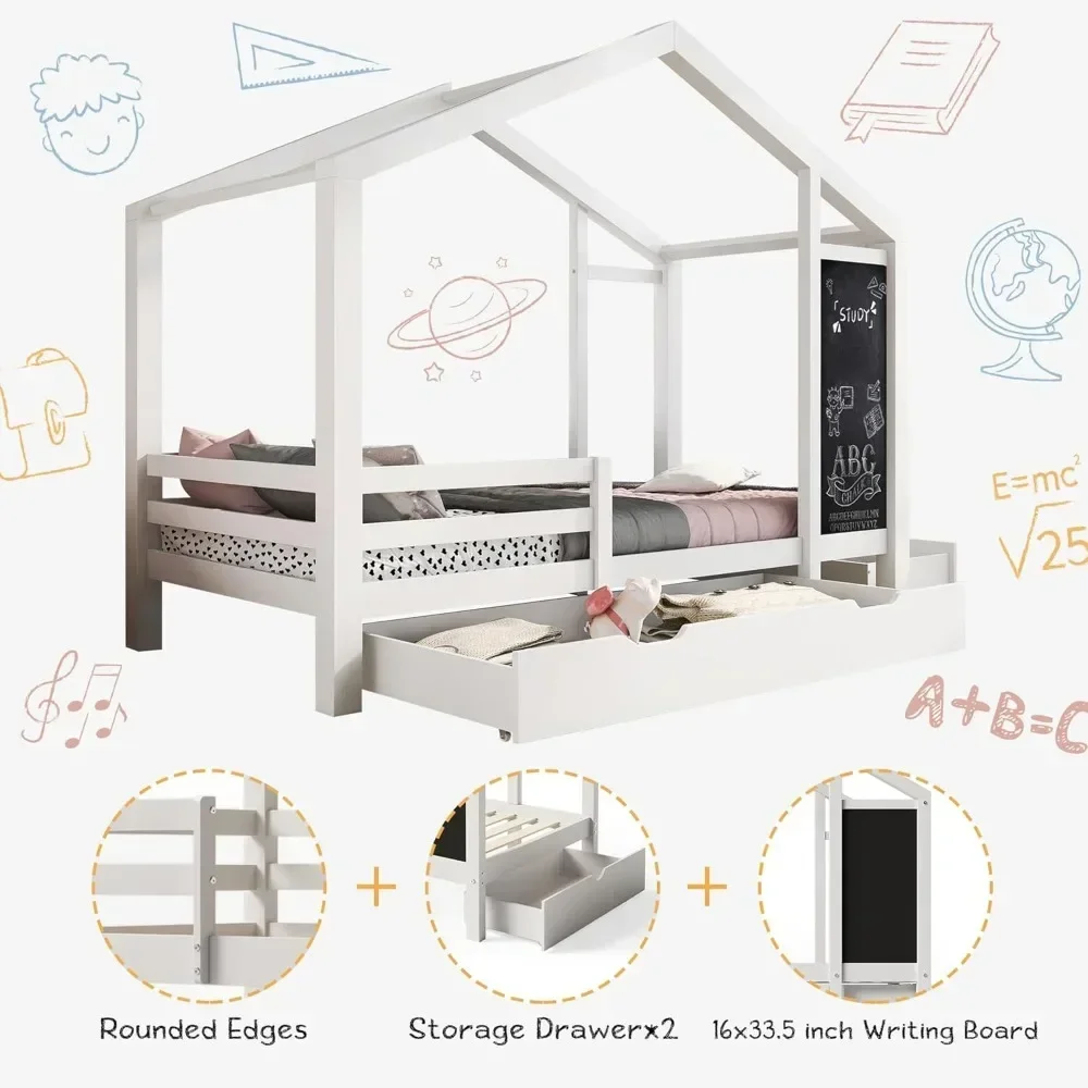Full Size with Storage Drawers for Kid Bedroom,Solid Wood w/Blackboard Design,Super Save Space & No Box Spring Needed, White 4