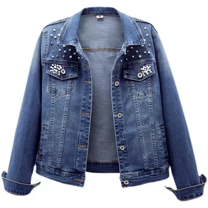 

Женская джинсовая куртка с длинным рукавом, повседневная короткая джинсовая куртка с жемчужинами, облегающая ковбойская верхняя одежда, модель R293, весна-осень 2024