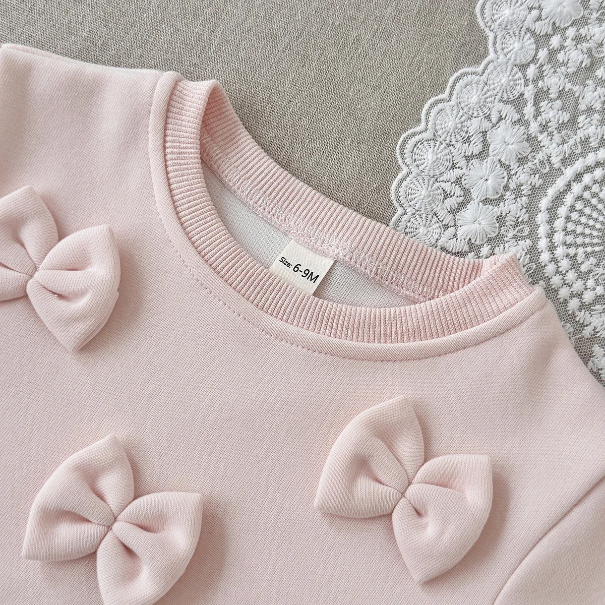  여아 의상 리본 장식 레이스 밑단 긴팔 스웨트셔츠 솔리드 슬림핏 바지 세트 봄 가을 옷   의류