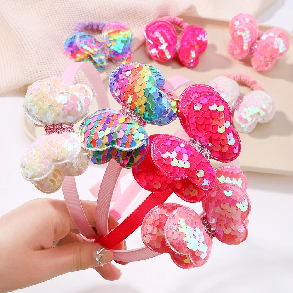 

2Pcs Sequins Bows Hairbands Girls Cute Shiny Butterfly Rubber Band Clips Glitter Headband Kids Headwear Baby Hair Accessories