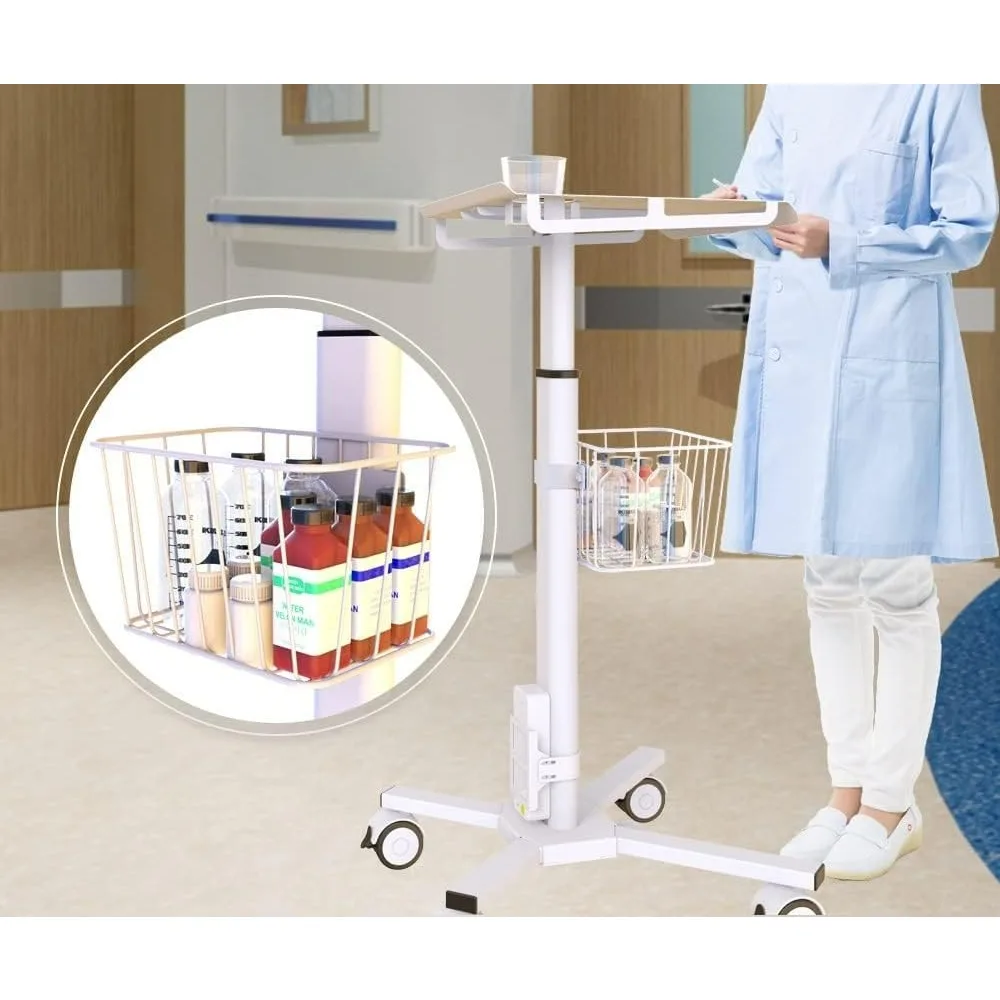 Height Adjustable Mobile Medical Tablet Cart with Wheels, Tablet Enclosure, and Basket Storage