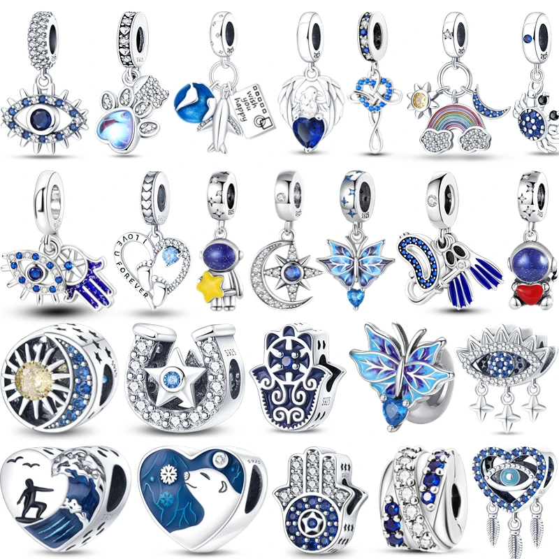 

100% 925 Sterling Silver Blue Evil Eye Butterfly Heart Beads Charms Fit For Pandora Original Bracelet Bangle DIY Jewelry Making