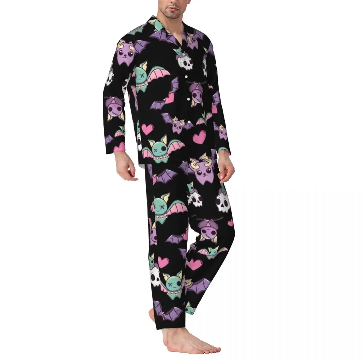 

Goth Bat Pajama Sets Autumn Cute Skull Print Trendy Daily Sleepwear Men 2 Piece Casual Oversized Design Nightwear Gift